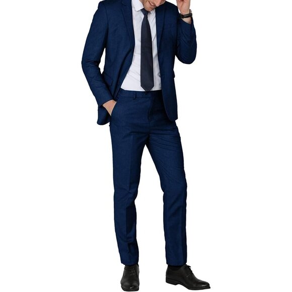 Men's Navy Single Breasted Peak Lapel 2 Piece Two Button Blazer Wedding - Picture 6 of 7